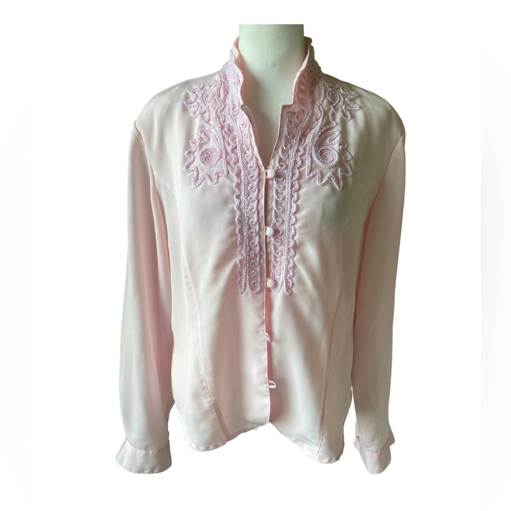 Women’s Size 14 Pink Long Sleeve Button Up Blouse With Embroidery By Sellecca